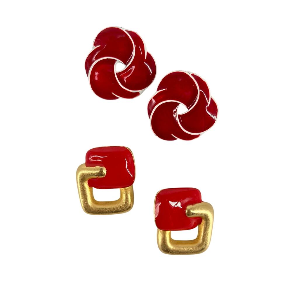 80s red enamel earrings 1980s vintage set of two